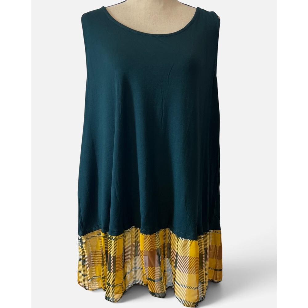 Emerald Women 1X Forest Green Plaid Chiffon Hem Sleeveless Tunic Tank ETK-7143